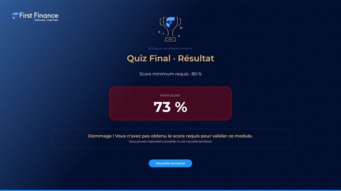 Module e-learning certifiant sur l'éthique professionnelle pour First Finance — Rendu sur device